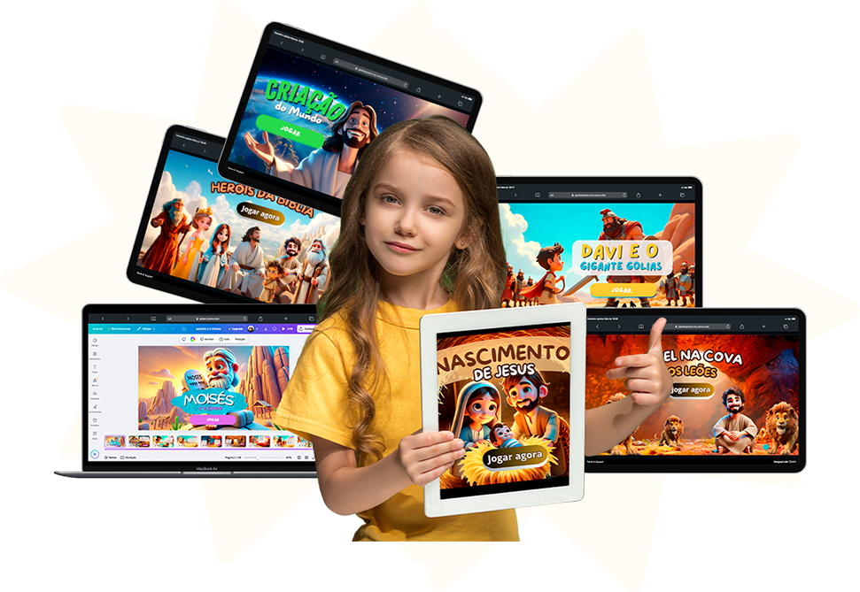 Criança segurando um tablet com os jogos bíblicos do Play Kids, ao lado de notebook e tablets exibindo as telas dos jogos