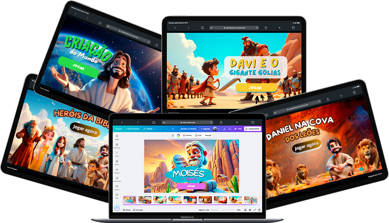 Plataforma Play Kids exibida em tablets, notebook e celular com as telas dos jogos bíblicos
